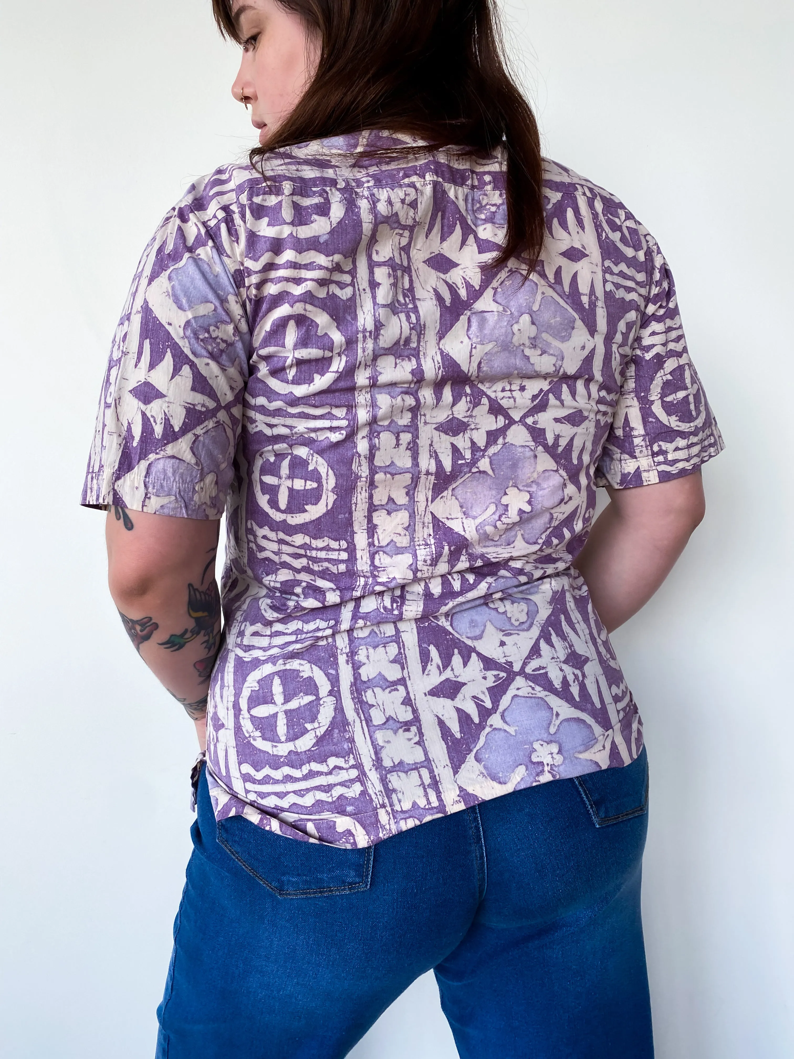 1990s Purple Tropical Button Down, sz. XL