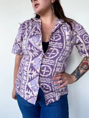 1990s Purple Tropical Button Down, sz. XL