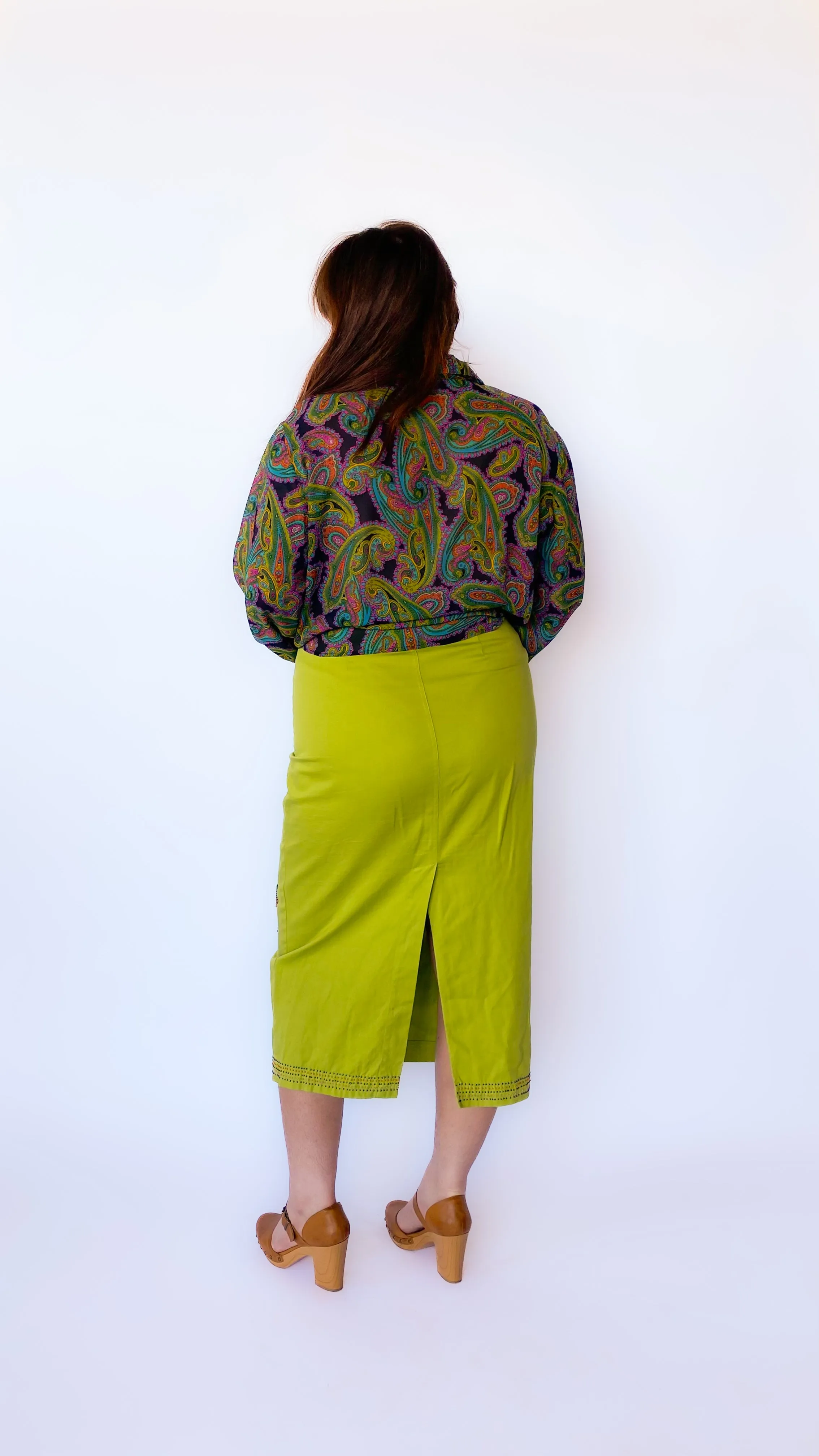 1990s Sheer Green Paisley Button Down Top, sz. 4XL