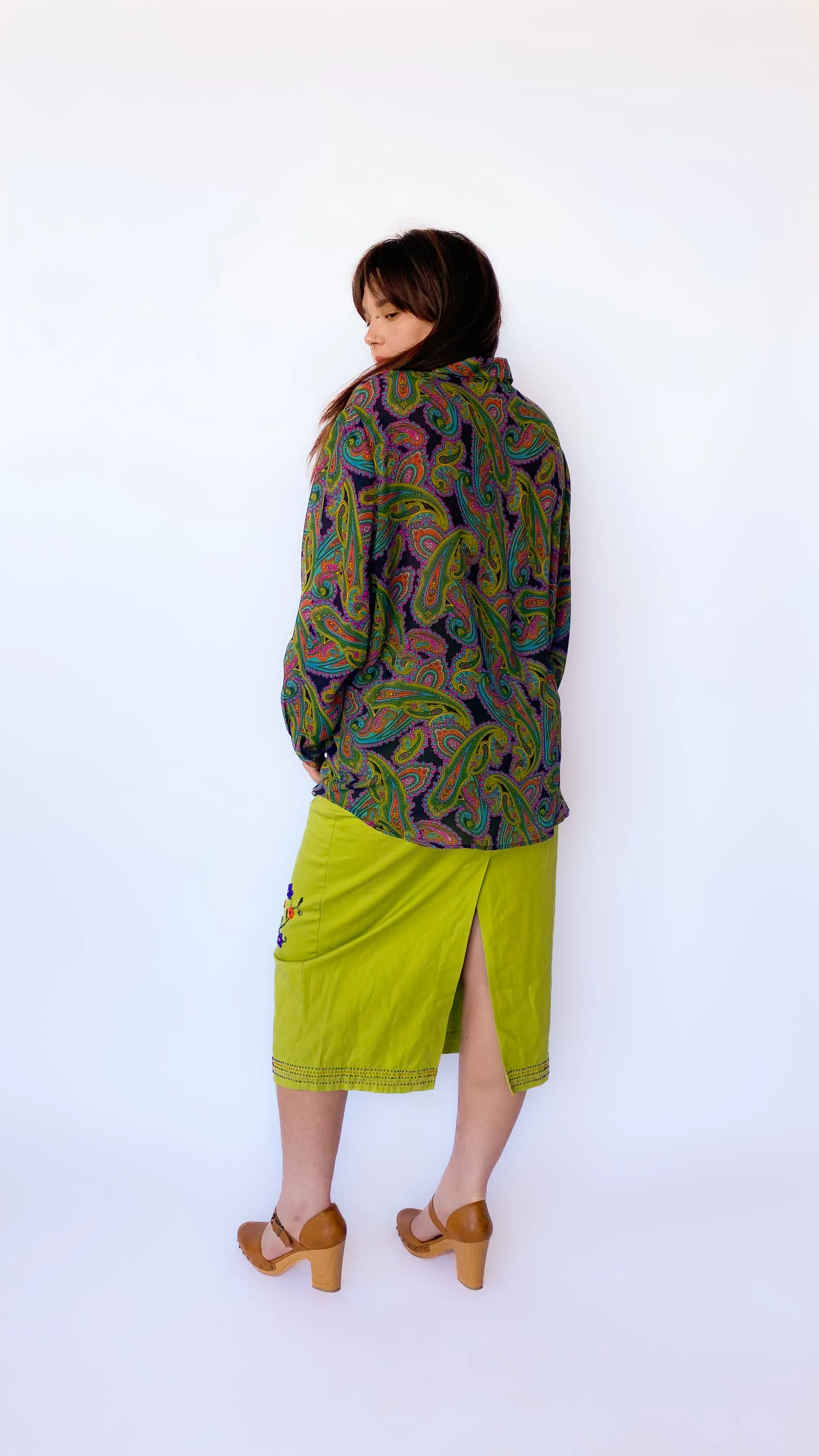 1990s Sheer Green Paisley Button Down Top, sz. 4XL