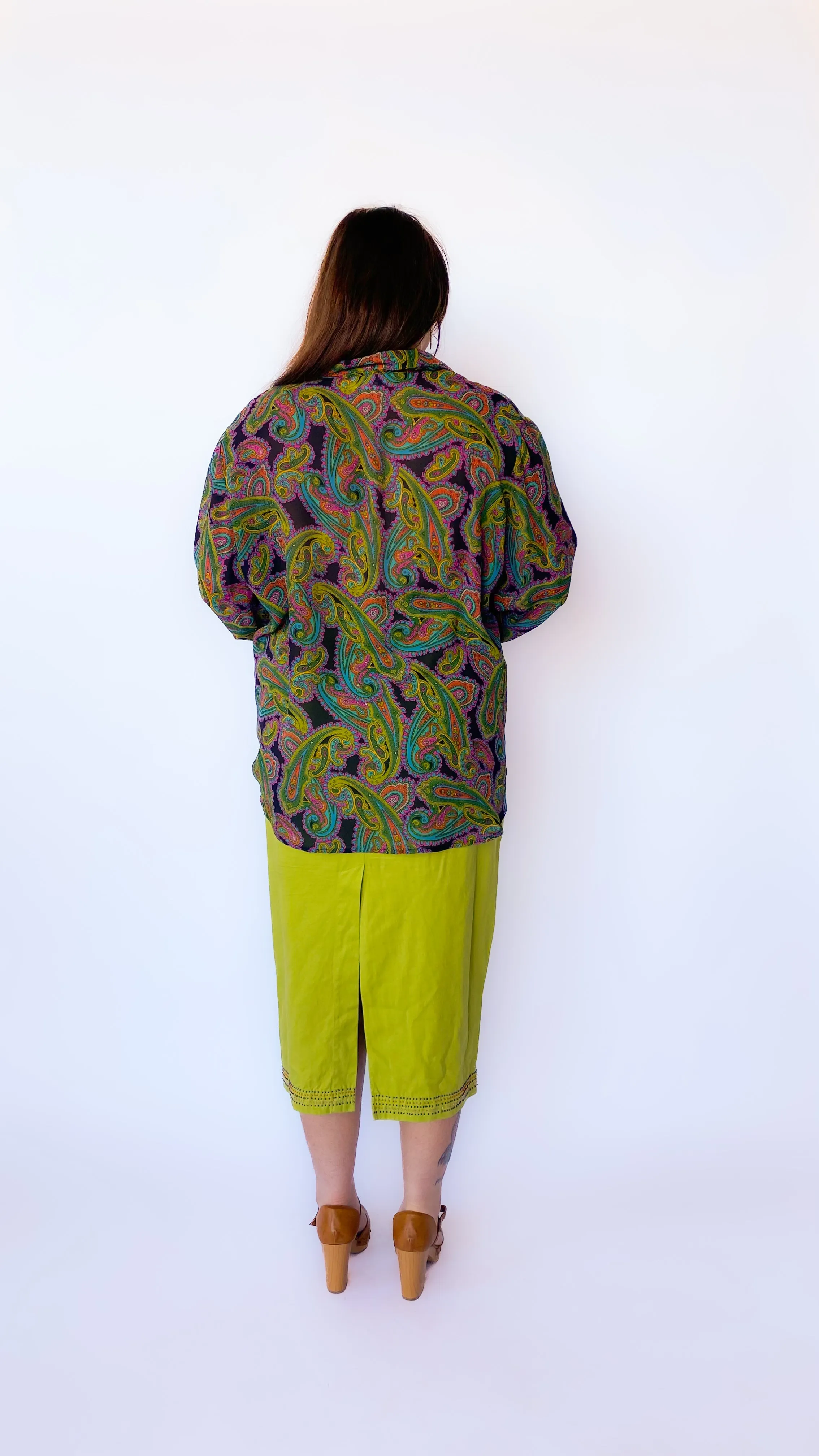 1990s Sheer Green Paisley Button Down Top, sz. 4XL