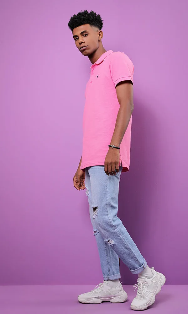 28290 Basic Turn Down Collar Pink Pique Polo Shirt