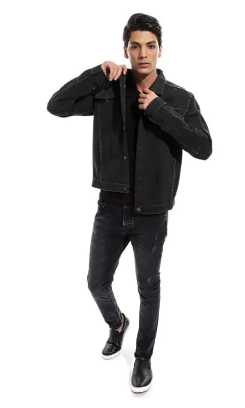 46817 Ripped Men Denim Casual Jacket - Black