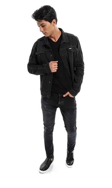 46817 Ripped Men Denim Casual Jacket - Black