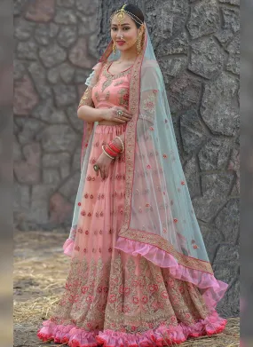 Adorable Peach Pink And Sky Blue Soft Net Base Trendy Lehenga Choli