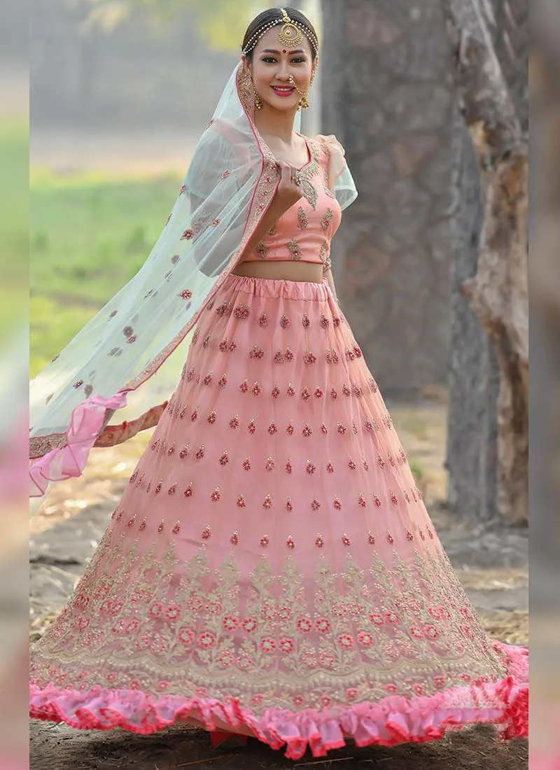 Adorable Peach Pink And Sky Blue Soft Net Base Trendy Lehenga Choli