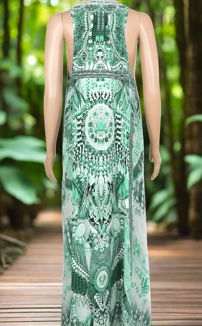 Amara Green long silk Embellished racerback maxi dress by Fashion Spectrum