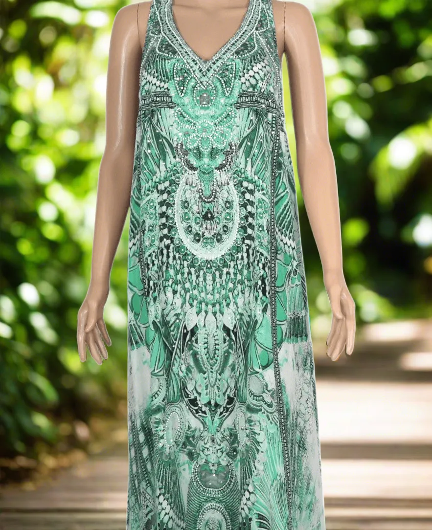 Amara Green long silk Embellished racerback maxi dress by Fashion Spectrum