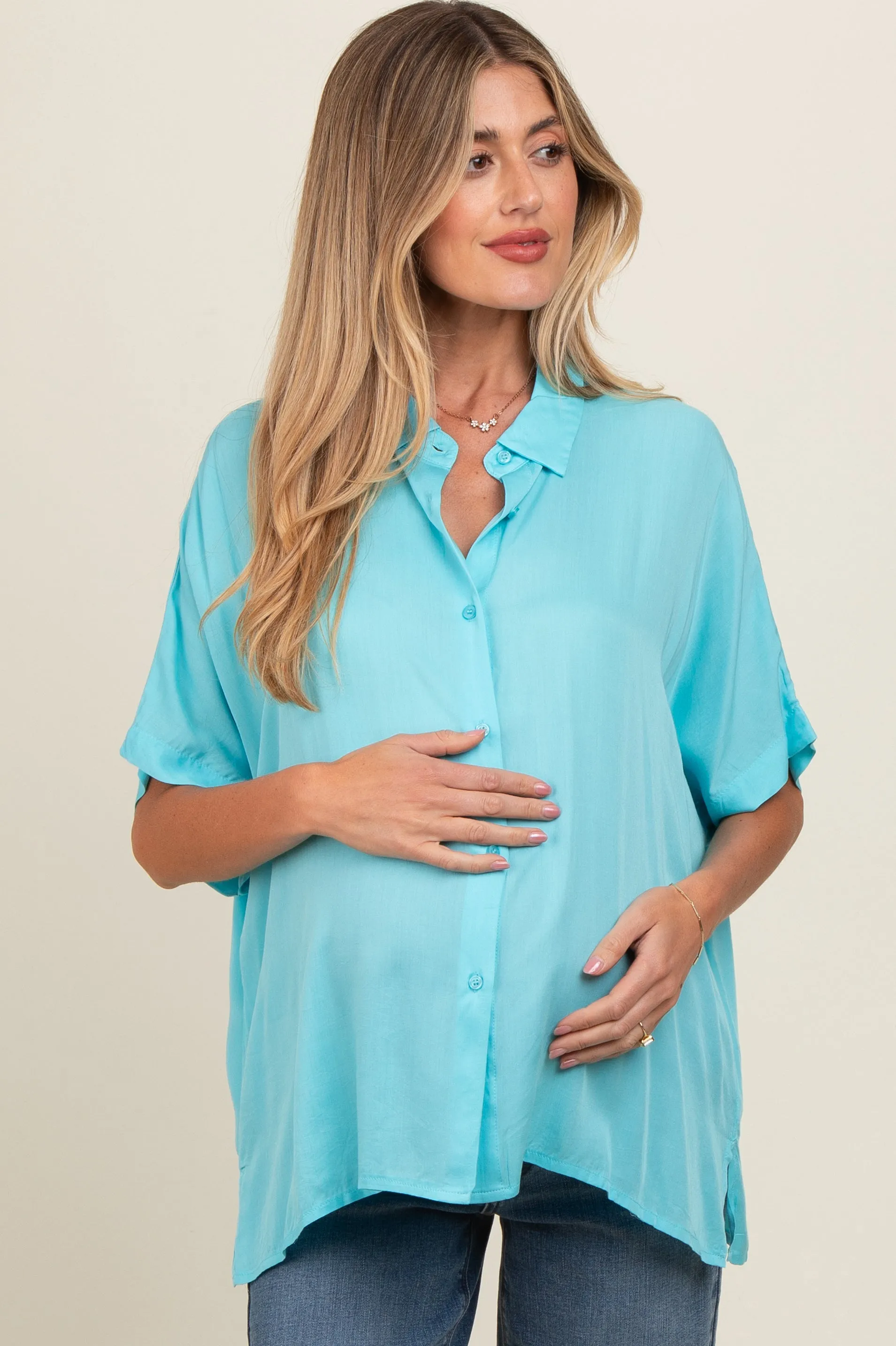 Aqua Dolman Sleeve Button Down Maternity Blouse