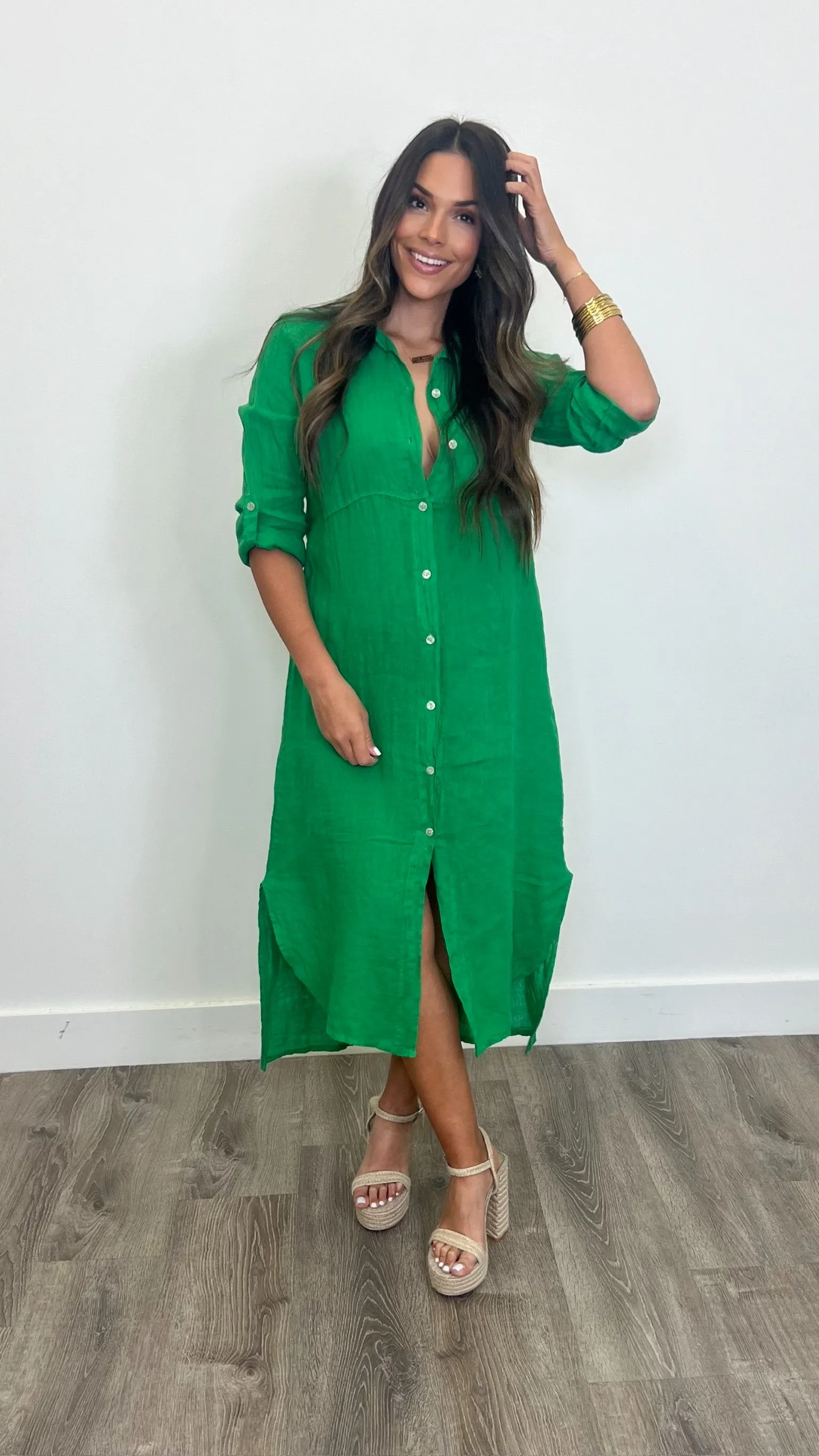 Arles Verde Lino Button Down Maxi Dress