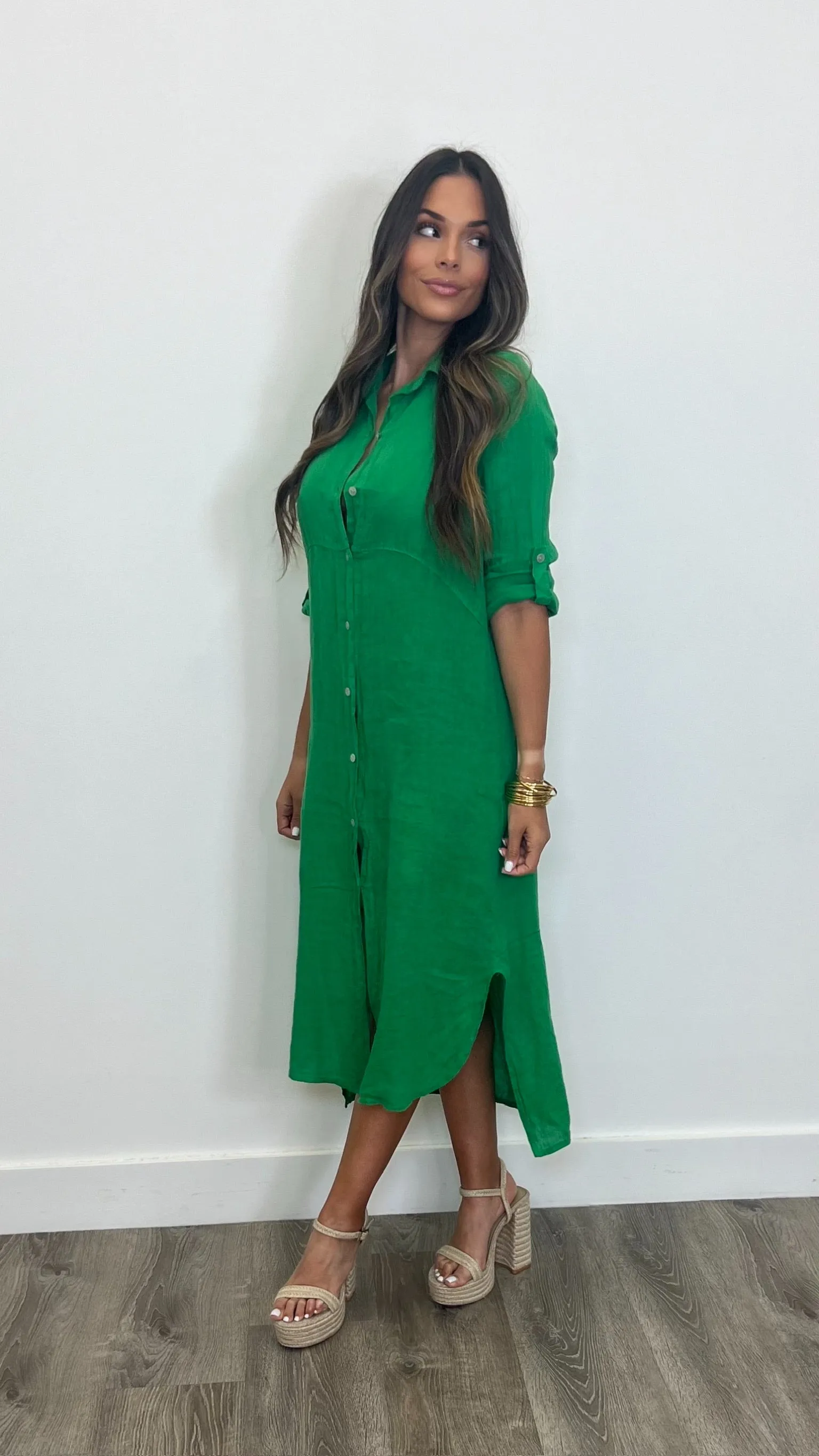 Arles Verde Lino Button Down Maxi Dress