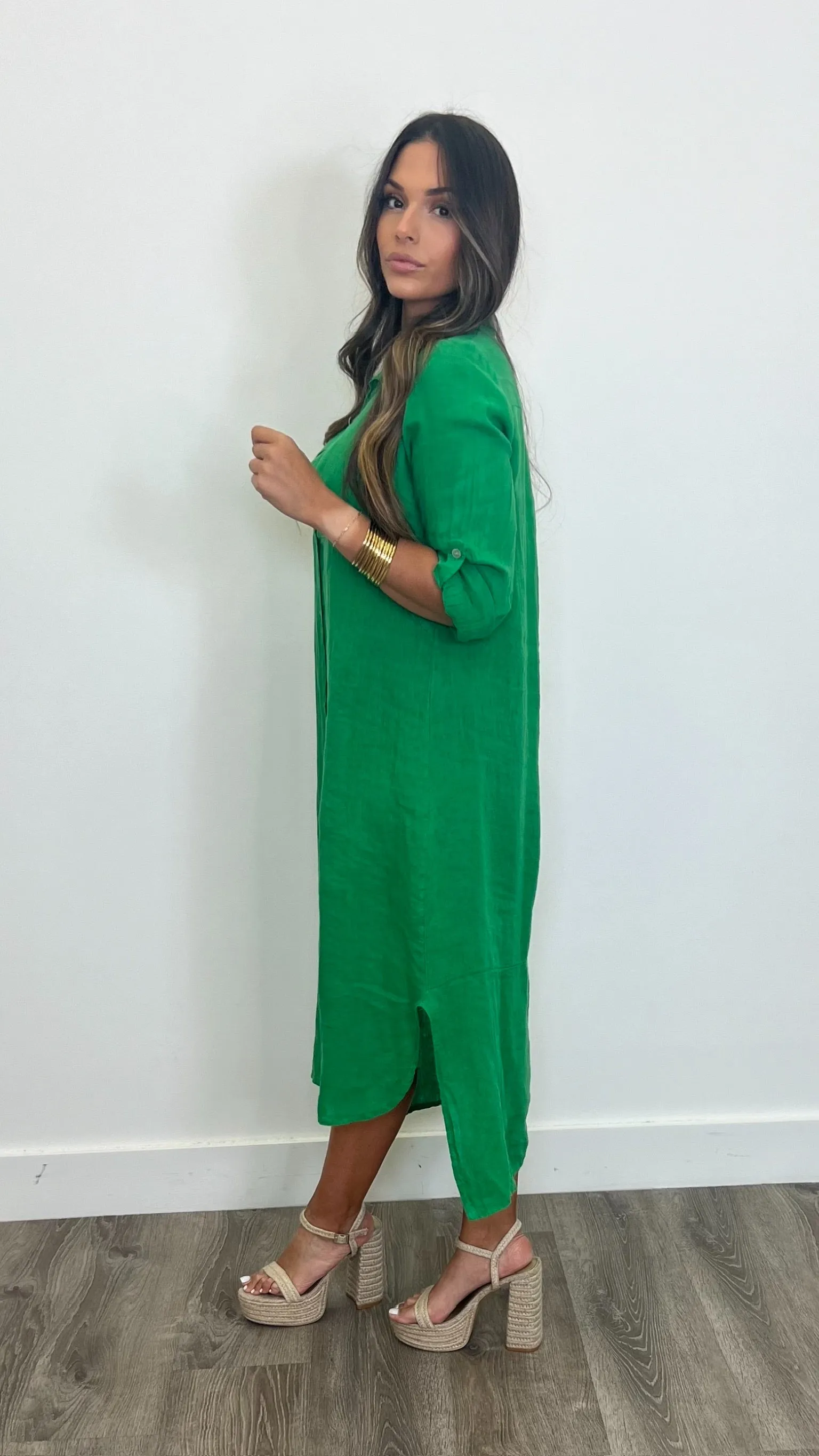 Arles Verde Lino Button Down Maxi Dress