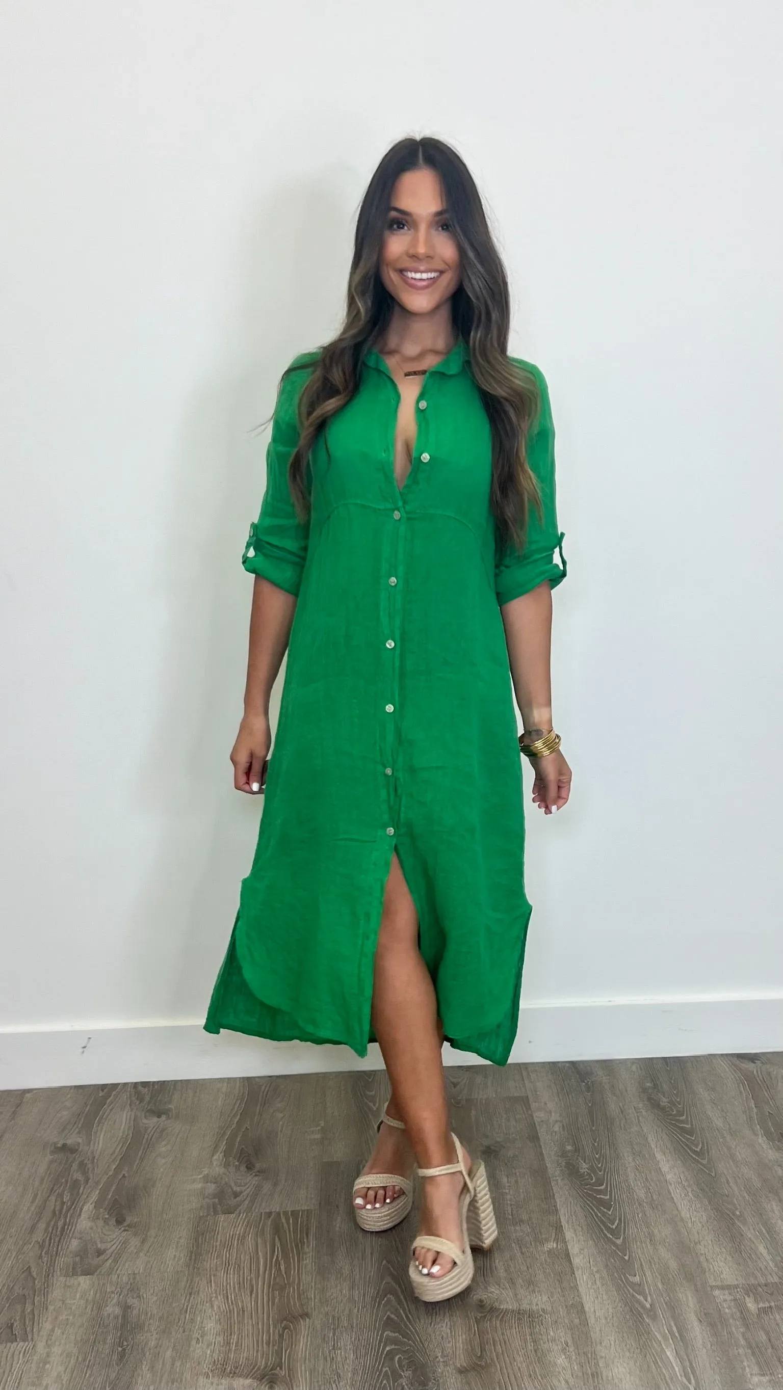 Arles Verde Lino Button Down Maxi Dress