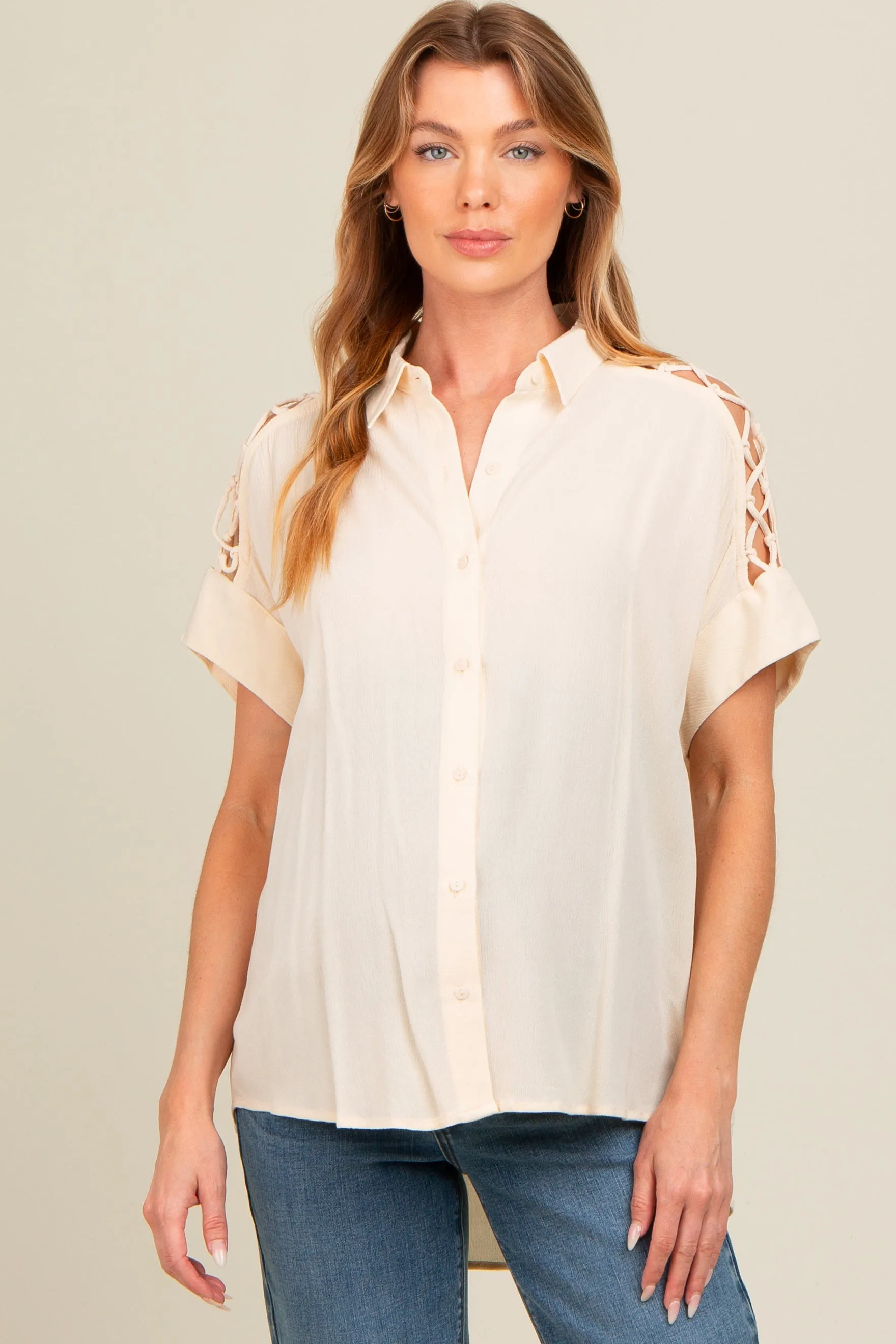 Beige Button Down Lace-Up Shoulder Maternity Top