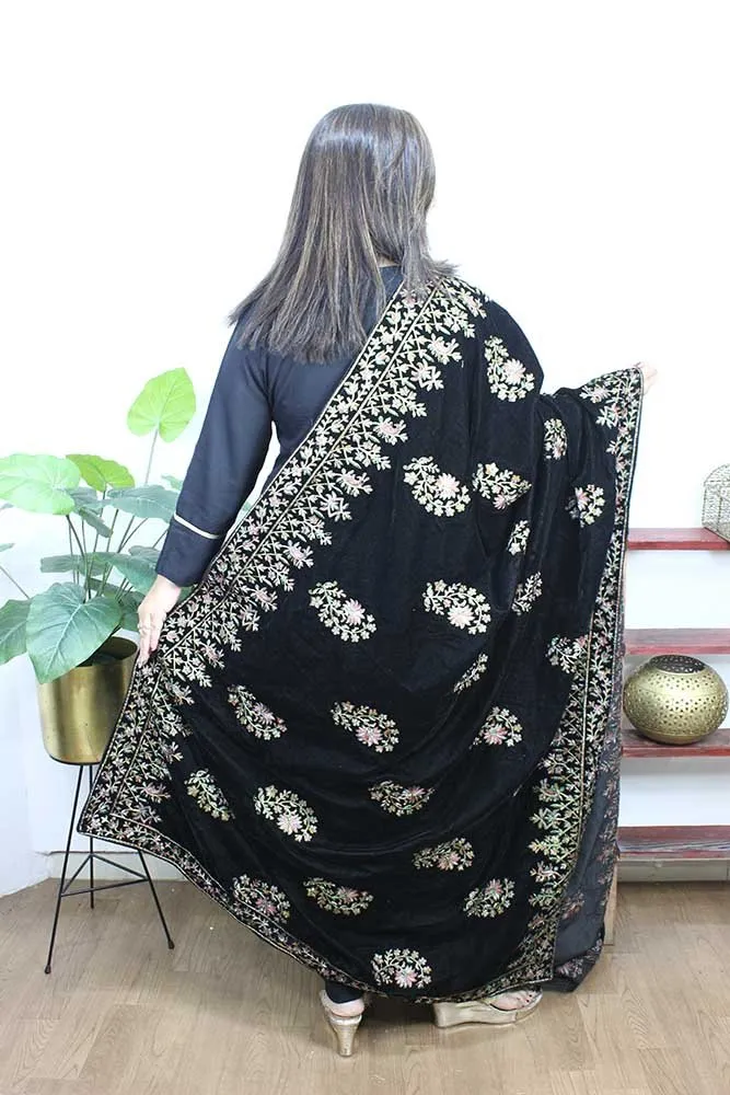 Black Embroidered Trendy Velvet Dupatta