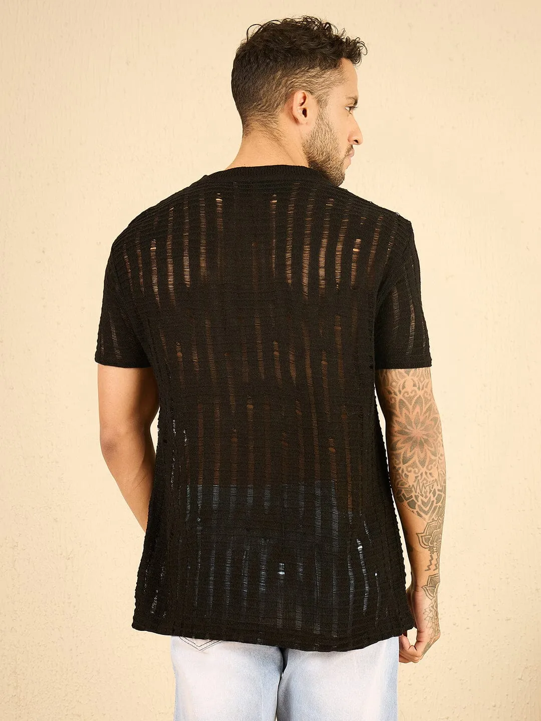 Black See Through Knitted Tshirt