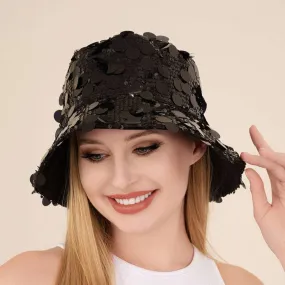 Black Sequin Trendy Embellished Bucket Hat for Women