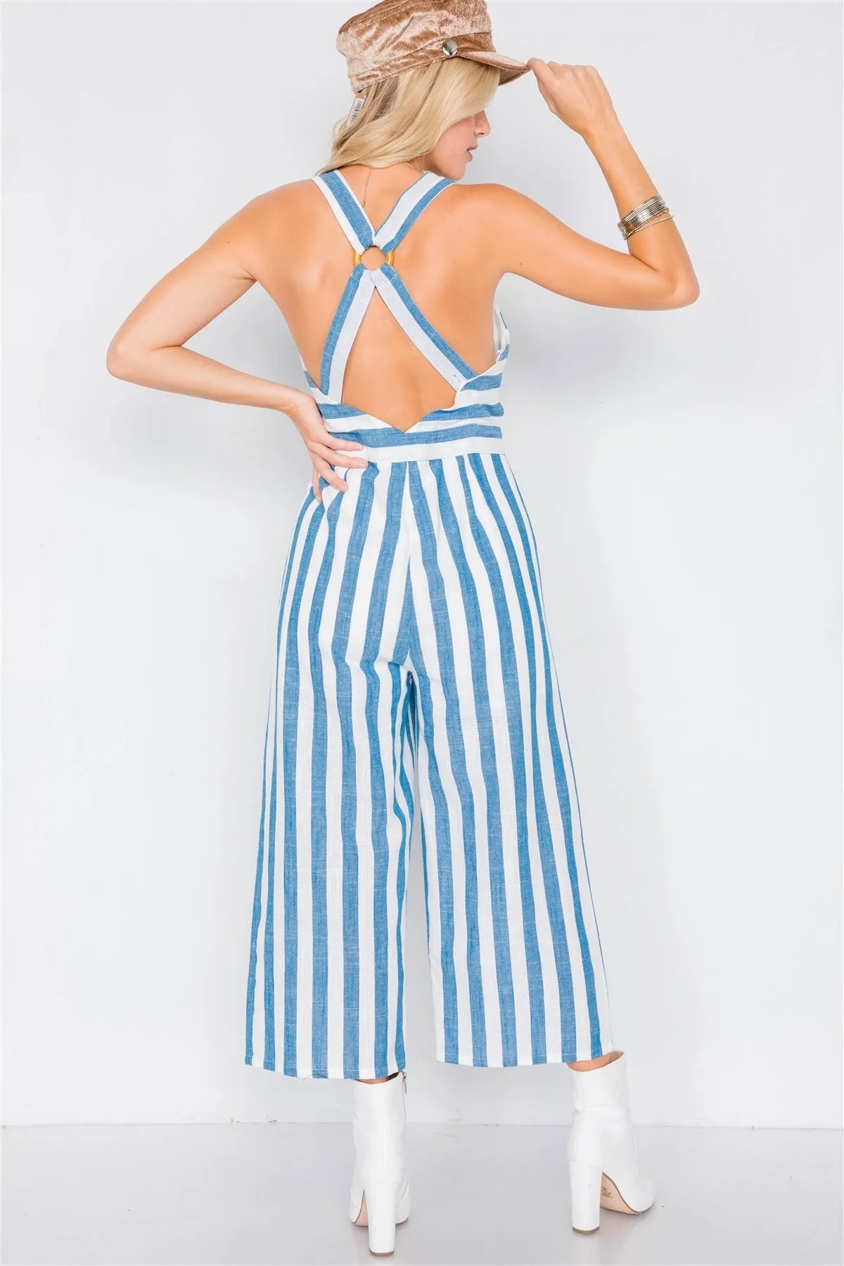 Blue Linen Stripe Button Down Wood Ring Jumpsuit