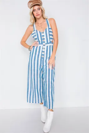 Blue Linen Stripe Button Down Wood Ring Jumpsuit