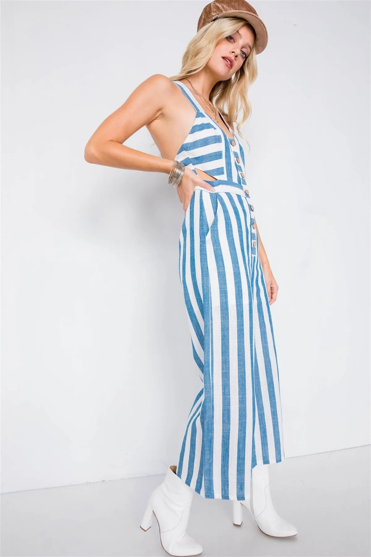 Blue Linen Stripe Button Down Wood Ring Jumpsuit