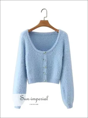 Blue O Neck Knitted Long Sleeve Cardigan Sweater top with Floral Appliques detail