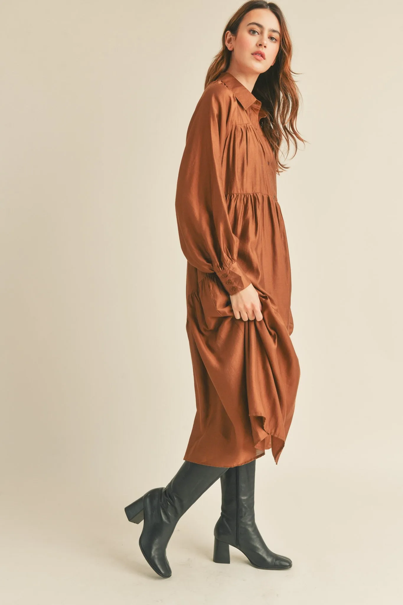 Copper Brown Button Down Collared Tiered Midi Dress with Pockets