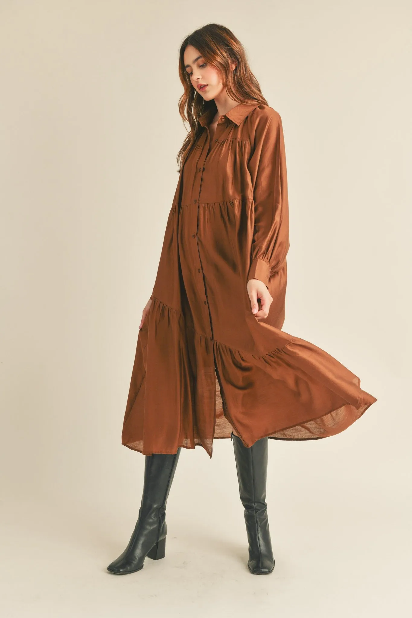 Copper Brown Button Down Collared Tiered Midi Dress with Pockets