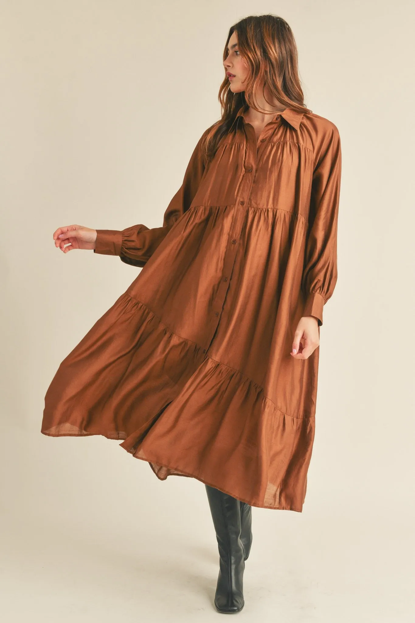 Copper Brown Button Down Collared Tiered Midi Dress with Pockets