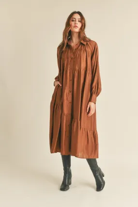 Copper Brown Button Down Collared Tiered Midi Dress with Pockets