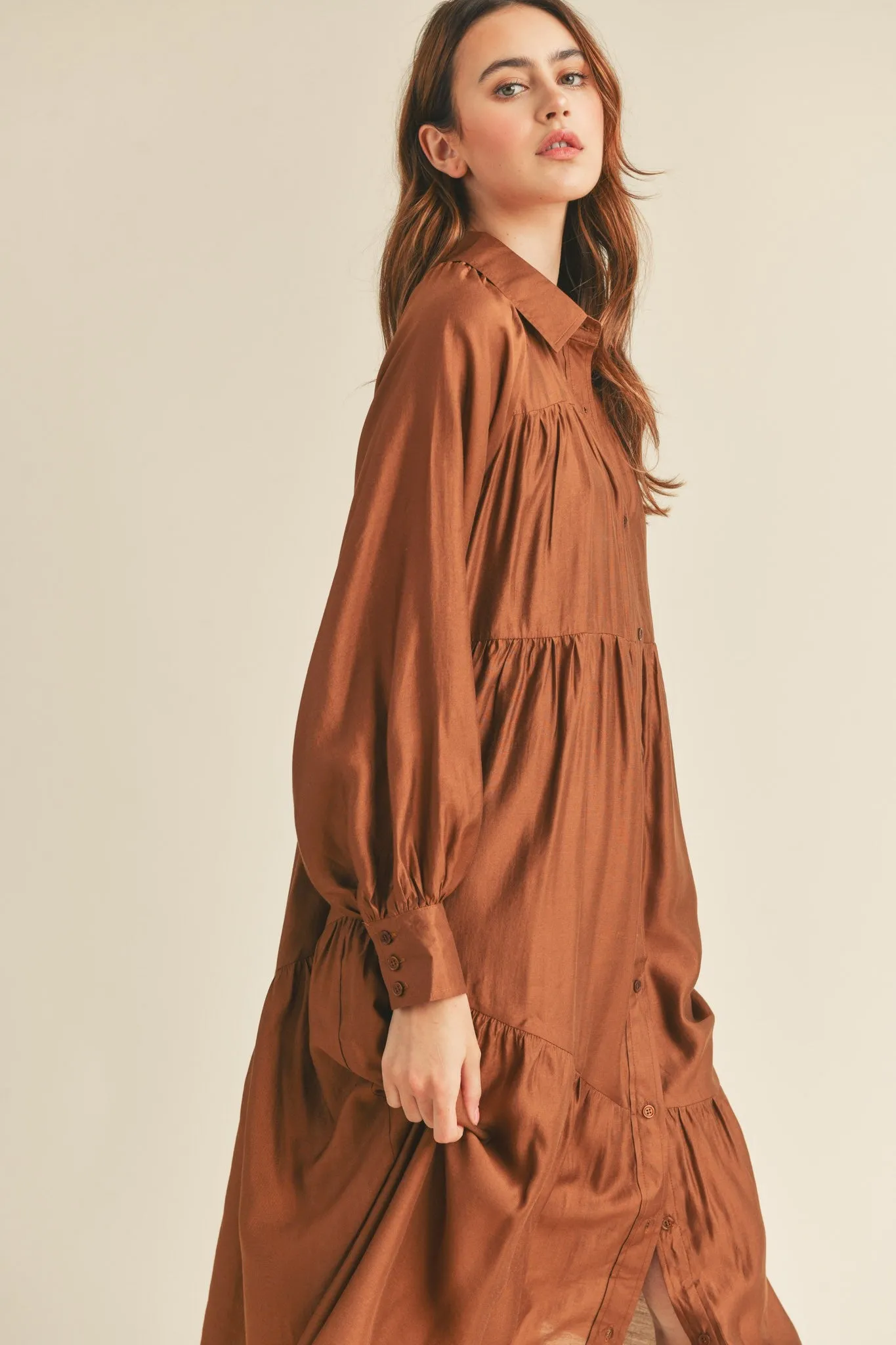 Copper Brown Button Down Collared Tiered Midi Dress with Pockets