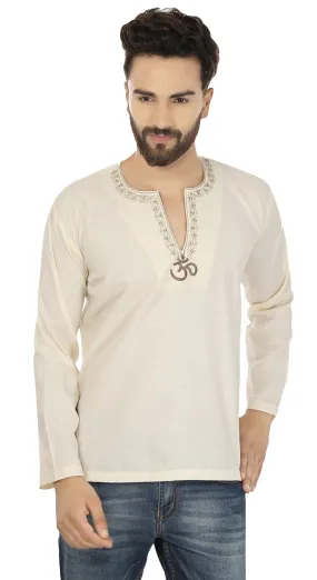 Cotton Dress Mens Short Kurta OM Shirt India Fashion Clothes (Cream)