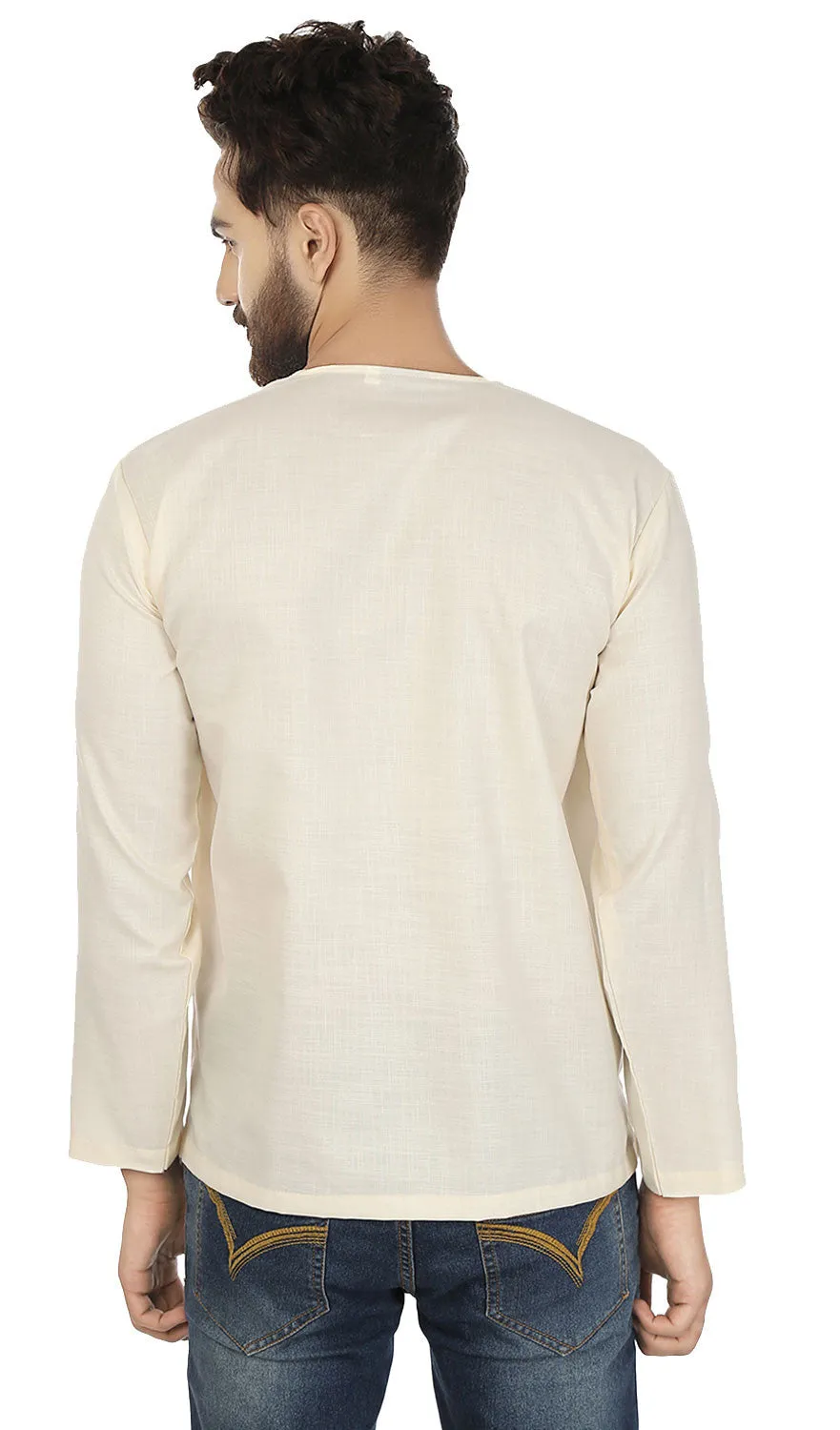 Cotton Dress Mens Short Kurta OM Shirt India Fashion Clothes (Cream)