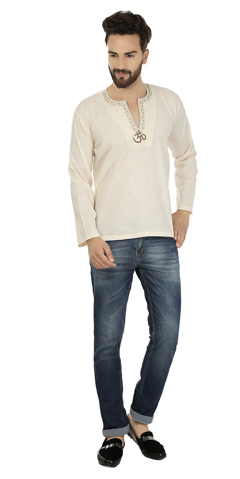 Cotton Dress Mens Short Kurta OM Shirt India Fashion Clothes (Cream)