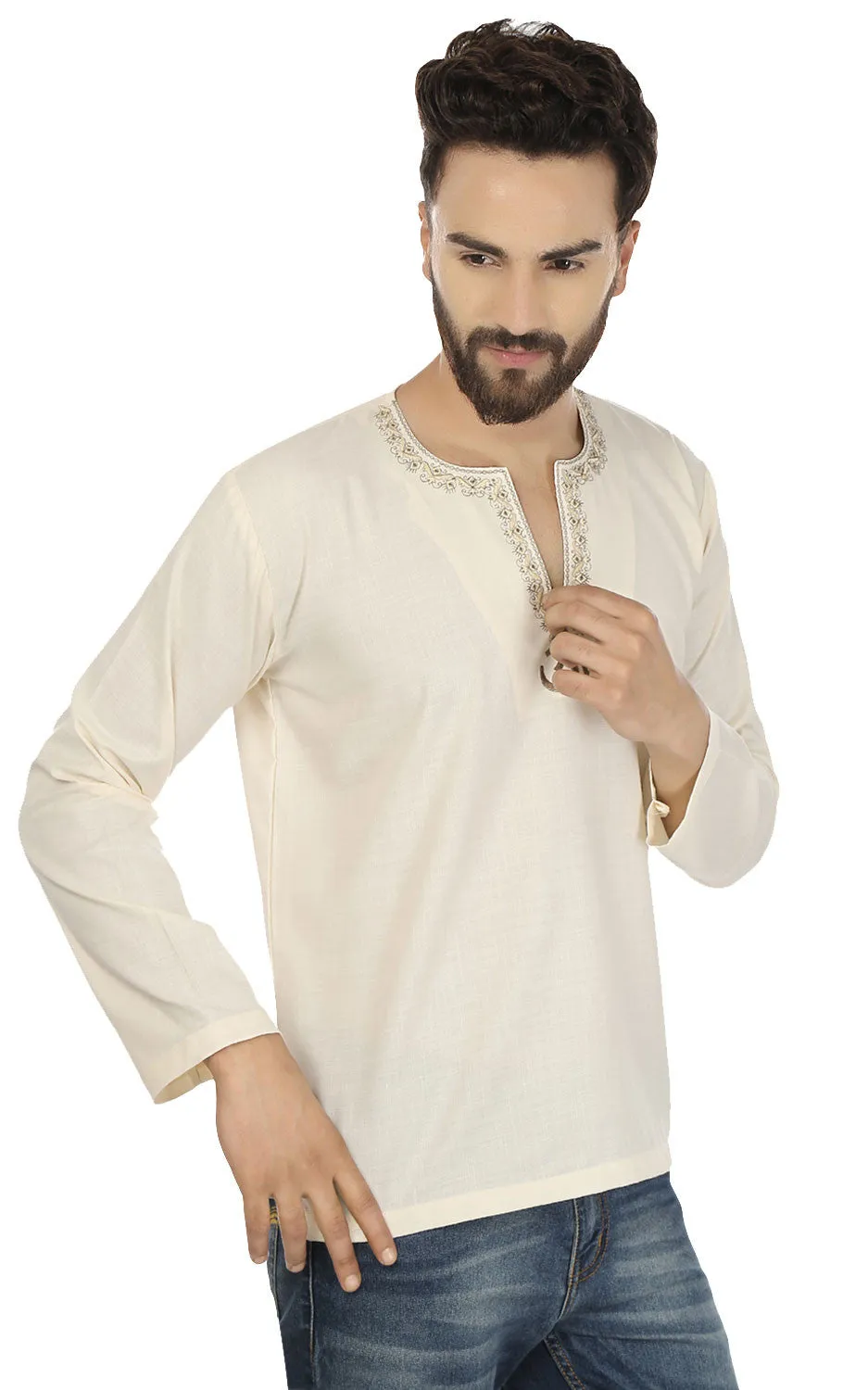 Cotton Dress Mens Short Kurta OM Shirt India Fashion Clothes (Cream)