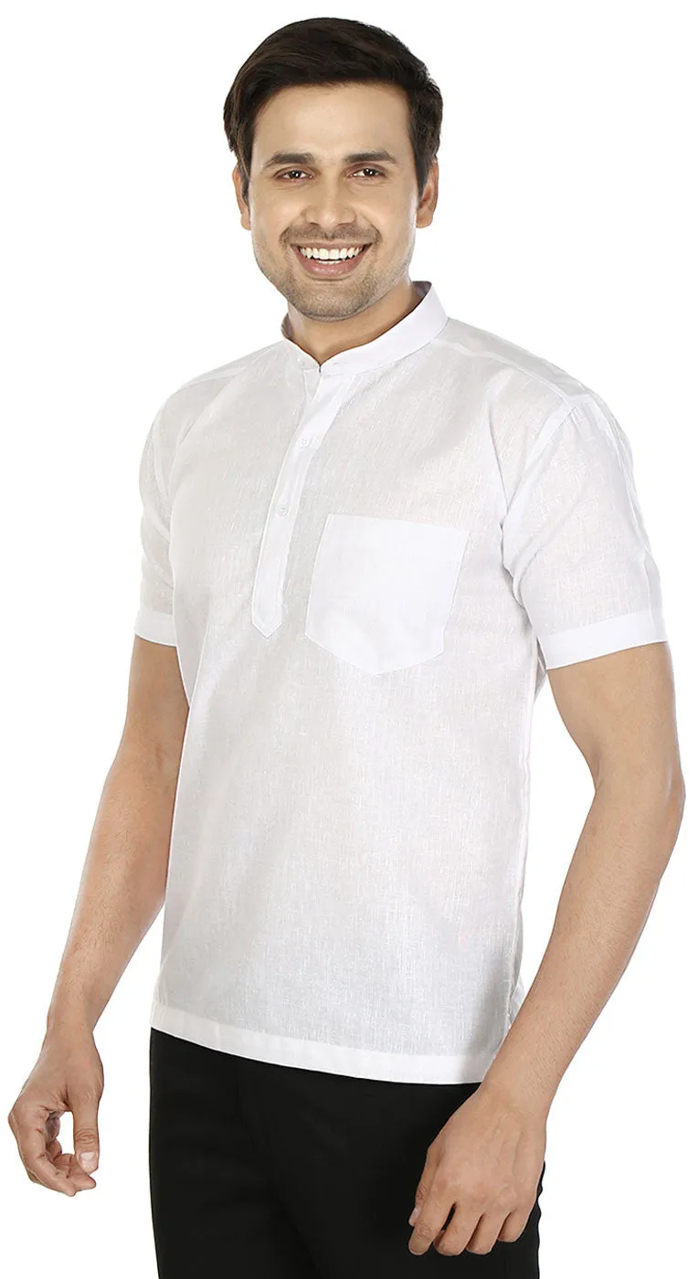 Cotton Dress Mens Short Sleeve Kurta Shirt India Fashion Clothes (White)