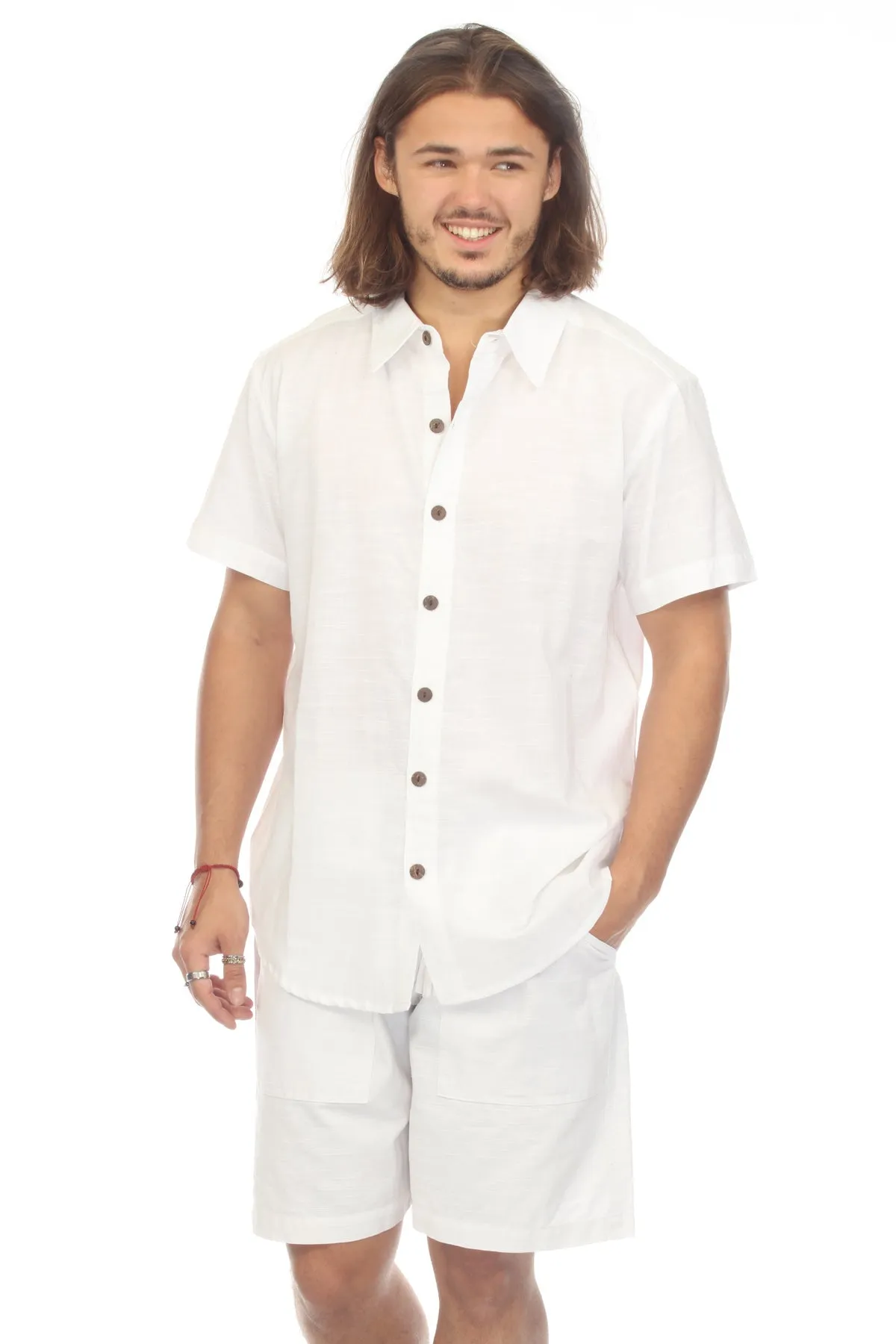 Cotton Slub Button Down Mens Short Sleeve Shirt