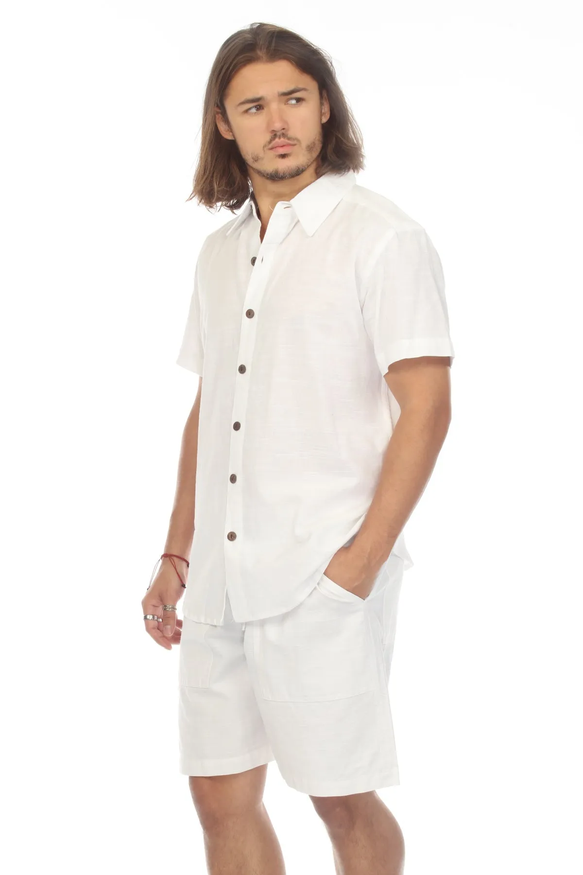 Cotton Slub Button Down Mens Short Sleeve Shirt