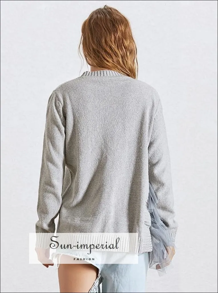 Creteil Sweater - Mesh Ruffles Patchwork Sweater for Women O Neck Long Sleeve Asymmetrical Knitted