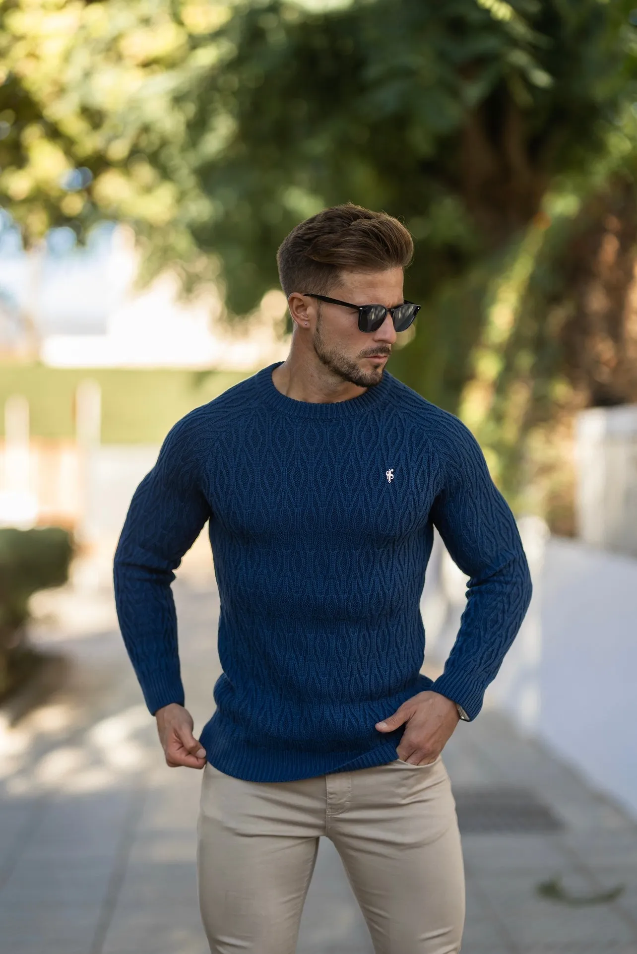 Father Sons Air Force Blue Knitted Elongated Diamond Crew Super Slim Raglan Sweater With Metal Decal - FSN046