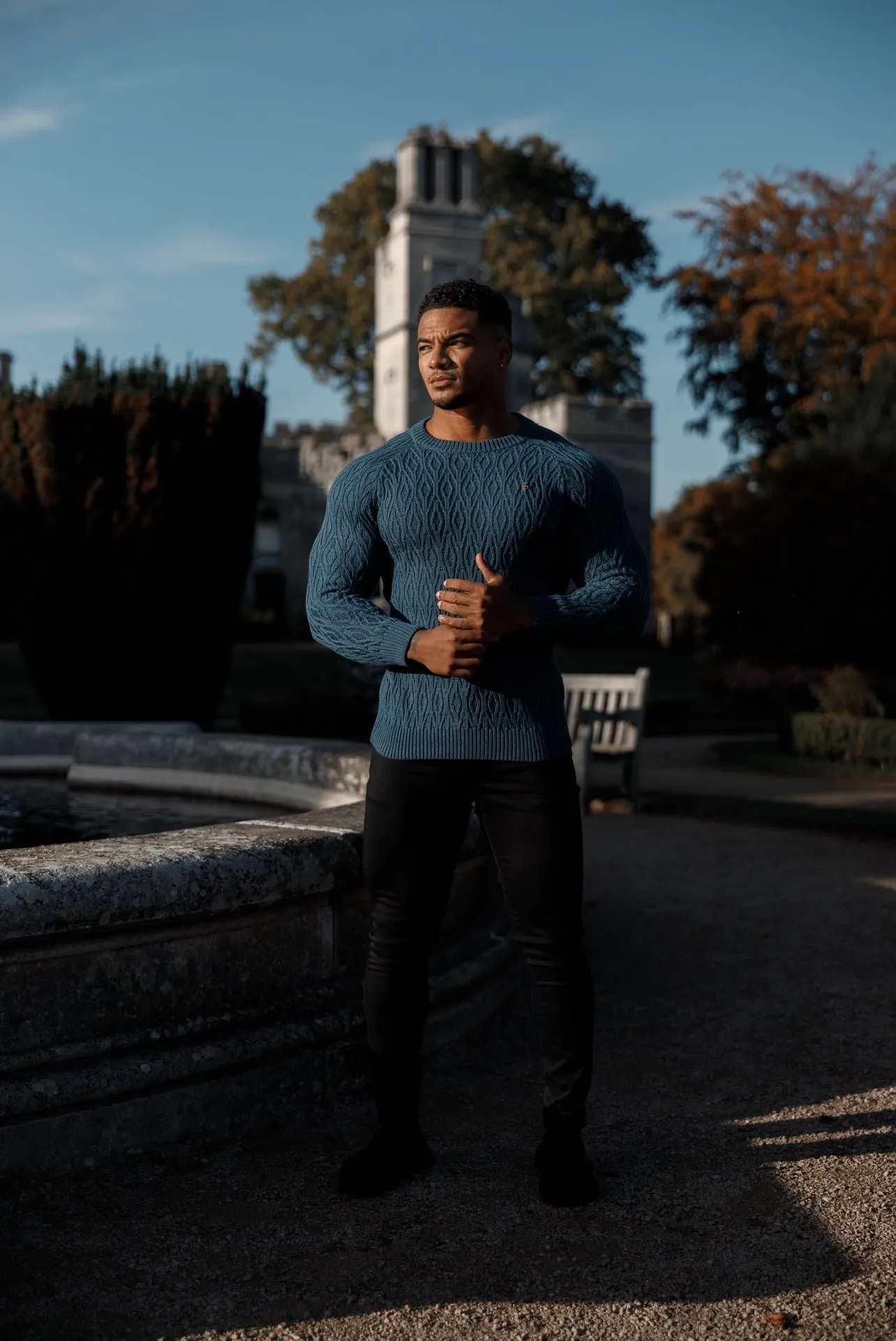 Father Sons Air Force Blue Knitted Elongated Diamond Crew Super Slim Raglan Sweater With Metal Decal - FSN046