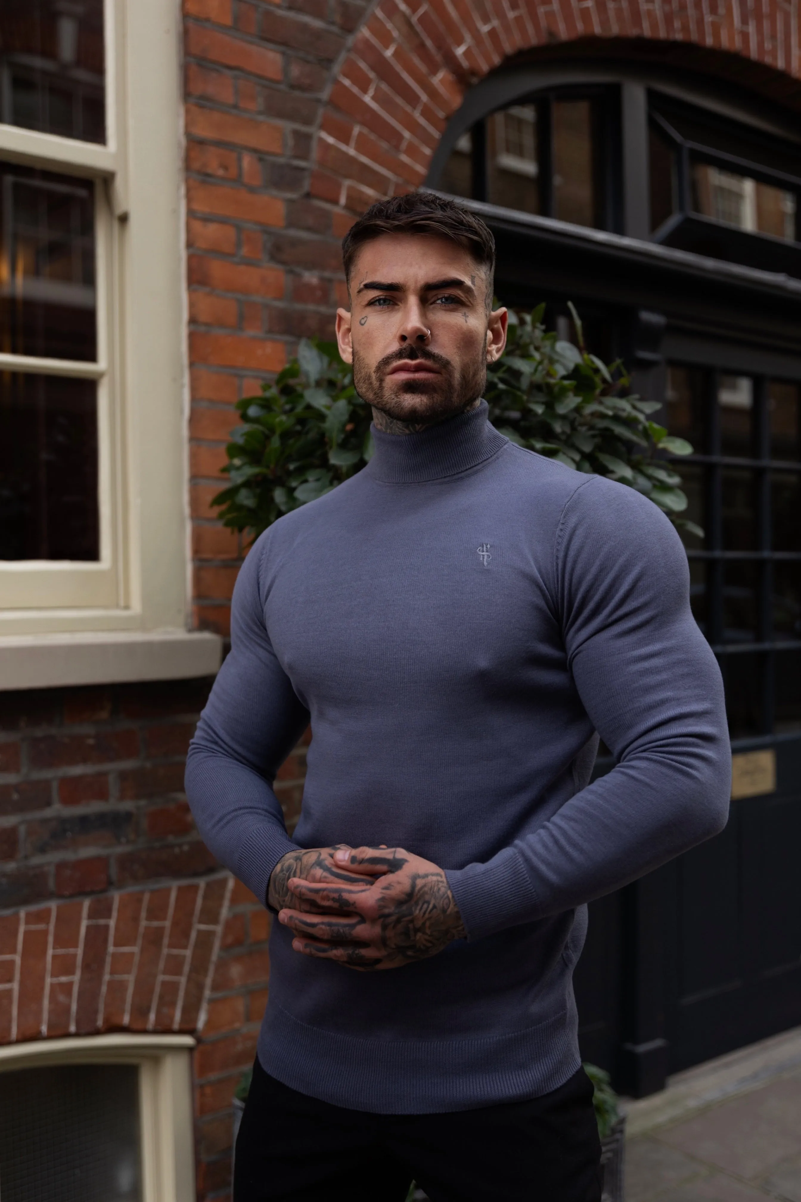 Father Sons Classic Gunmetal Roll Neck Knitted Sweater With Tonal Emblem - FSN137