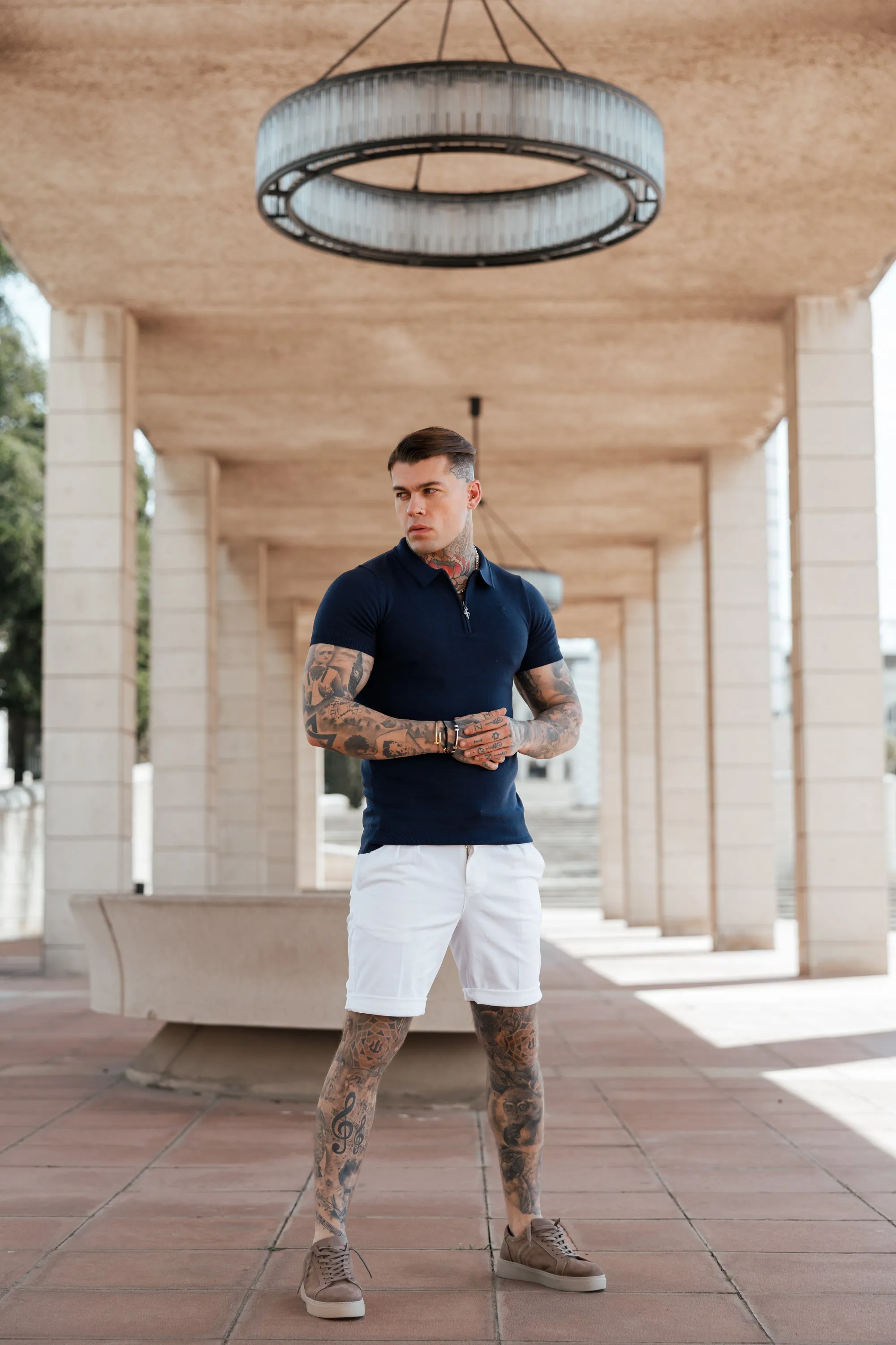 Father Sons Classic Navy Merino Wool Knitted Zip Polo Short Sleeve Sweater With FS Embroidery- FSN027