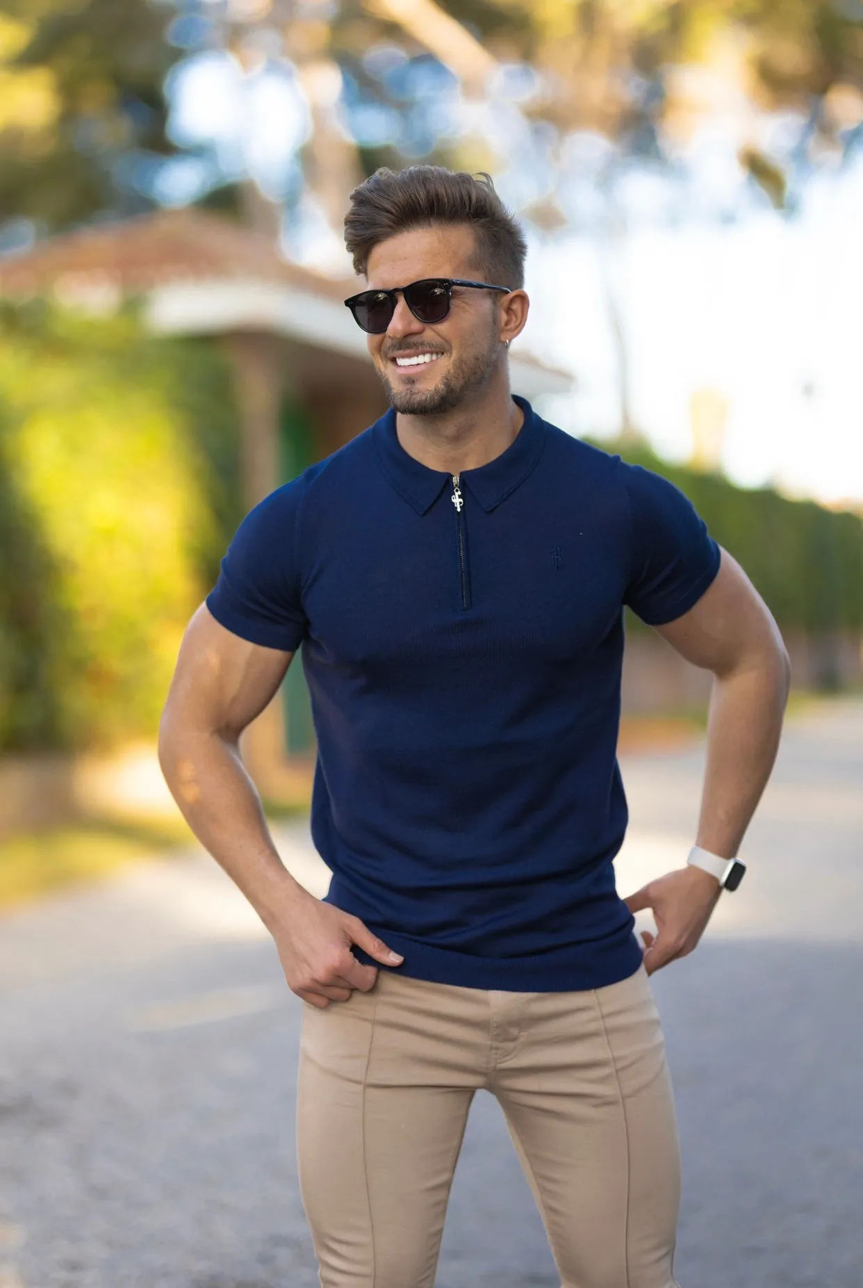 Father Sons Classic Navy Merino Wool Knitted Zip Polo Short Sleeve Sweater With FS Embroidery- FSN027