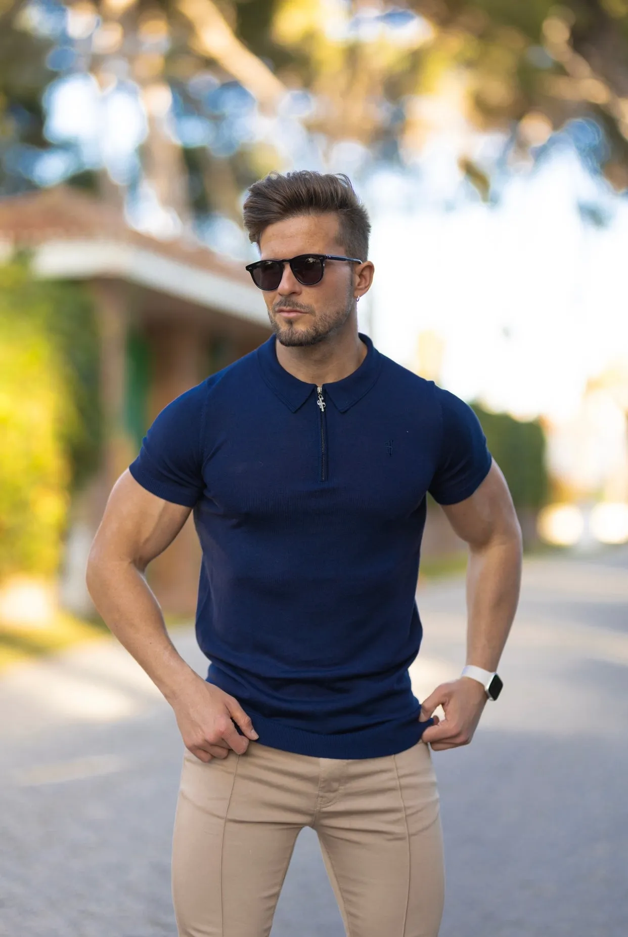 Father Sons Classic Navy Merino Wool Knitted Zip Polo Short Sleeve Sweater With FS Embroidery- FSN027