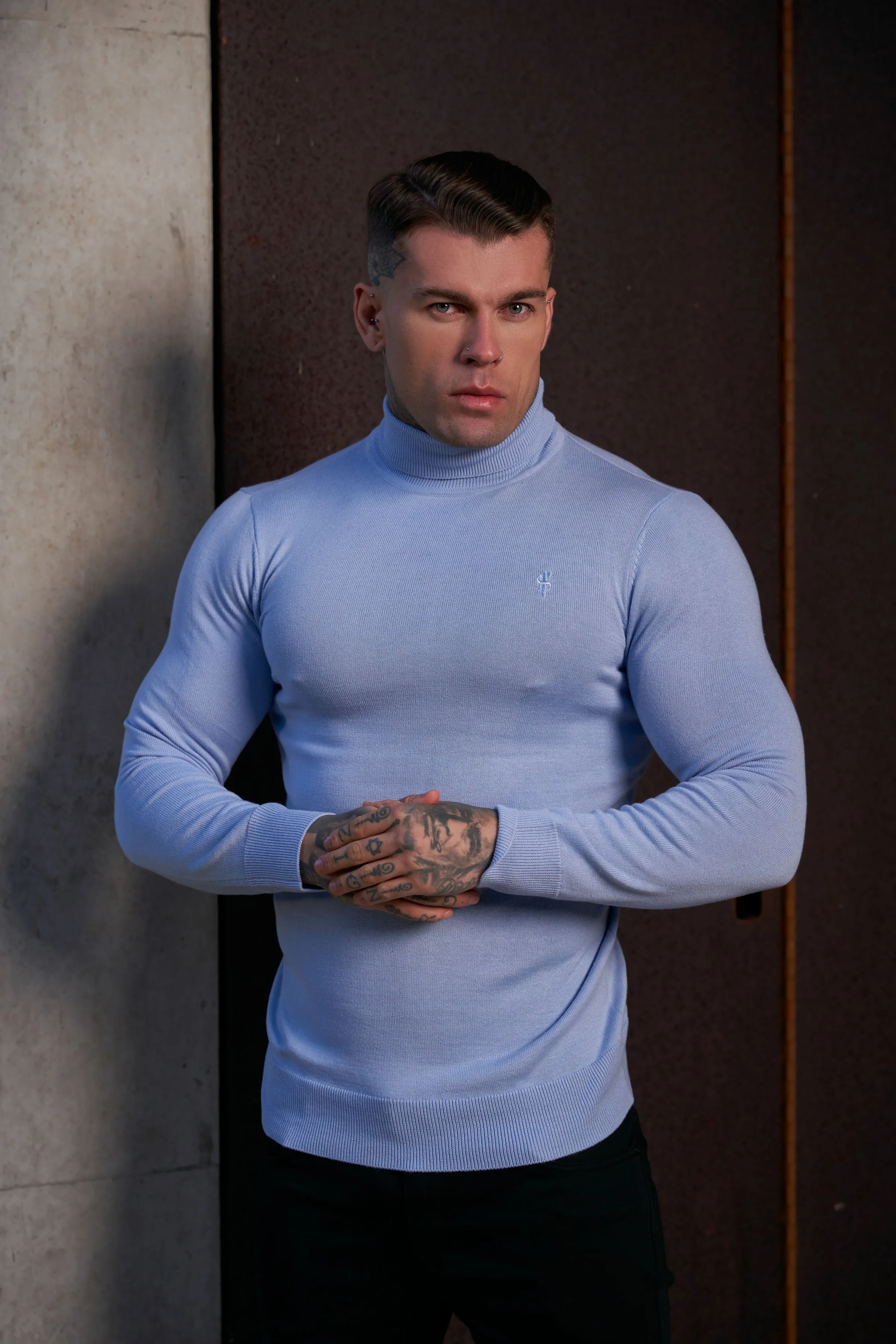 Father Sons Classic Pale Blue Roll Neck Knitted Sweater With Tonal Emblem - FSN138