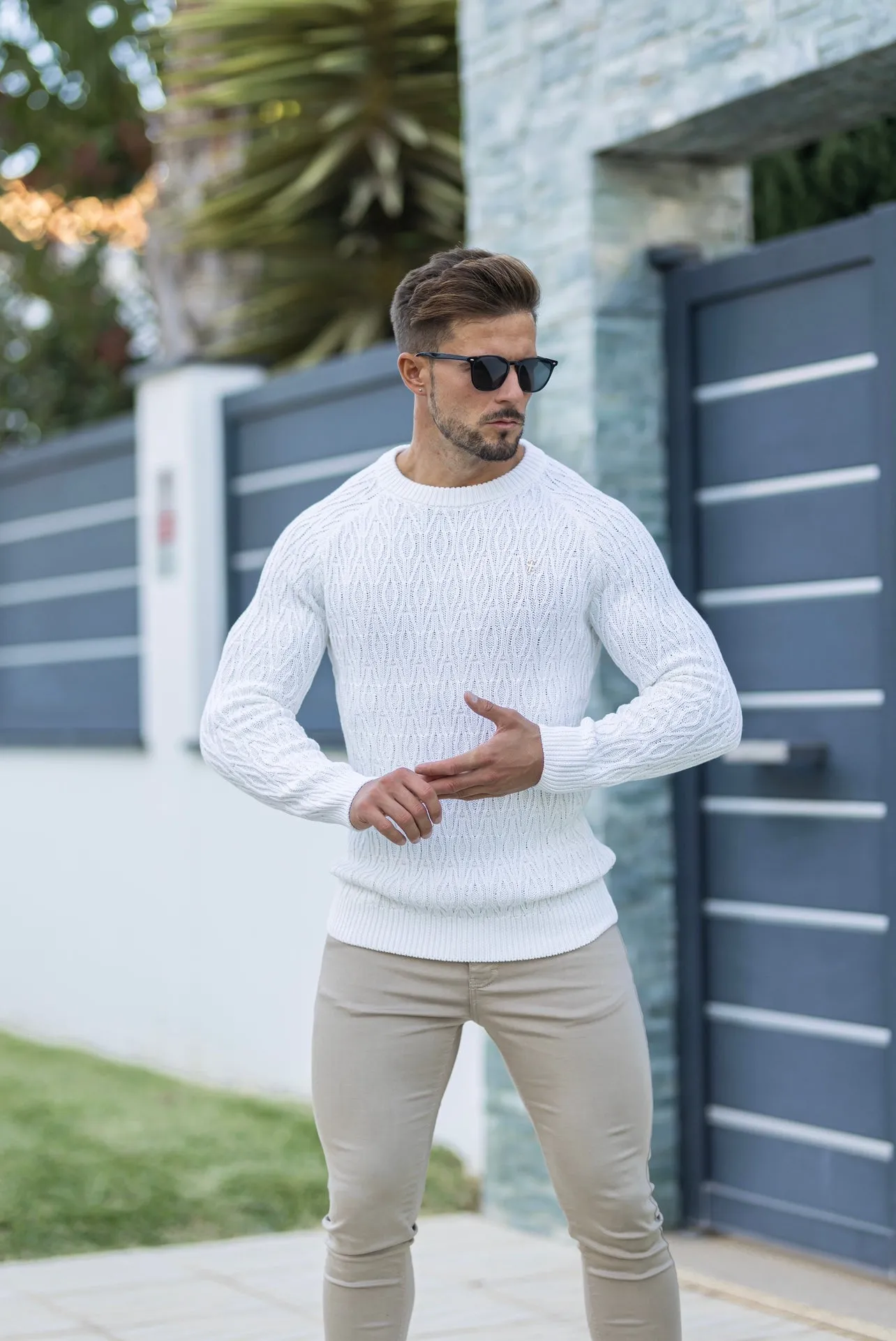 Father Sons Cream Knitted Elongated Diamond Crew Super Slim Raglan Sweater With Metal Decal - FSN052