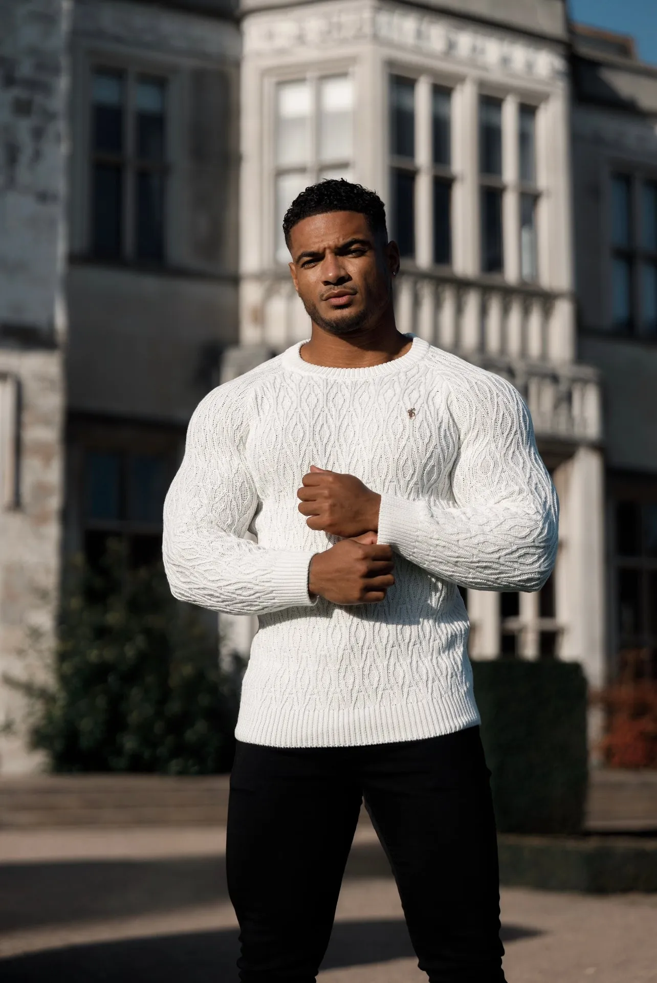 Father Sons Cream Knitted Elongated Diamond Crew Super Slim Raglan Sweater With Metal Decal - FSN052