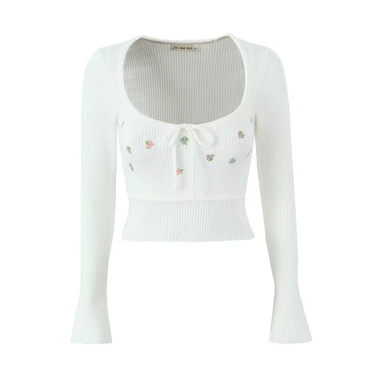 Floral Embroidery Sweet Waffle Knitted Cropped Home Sweater