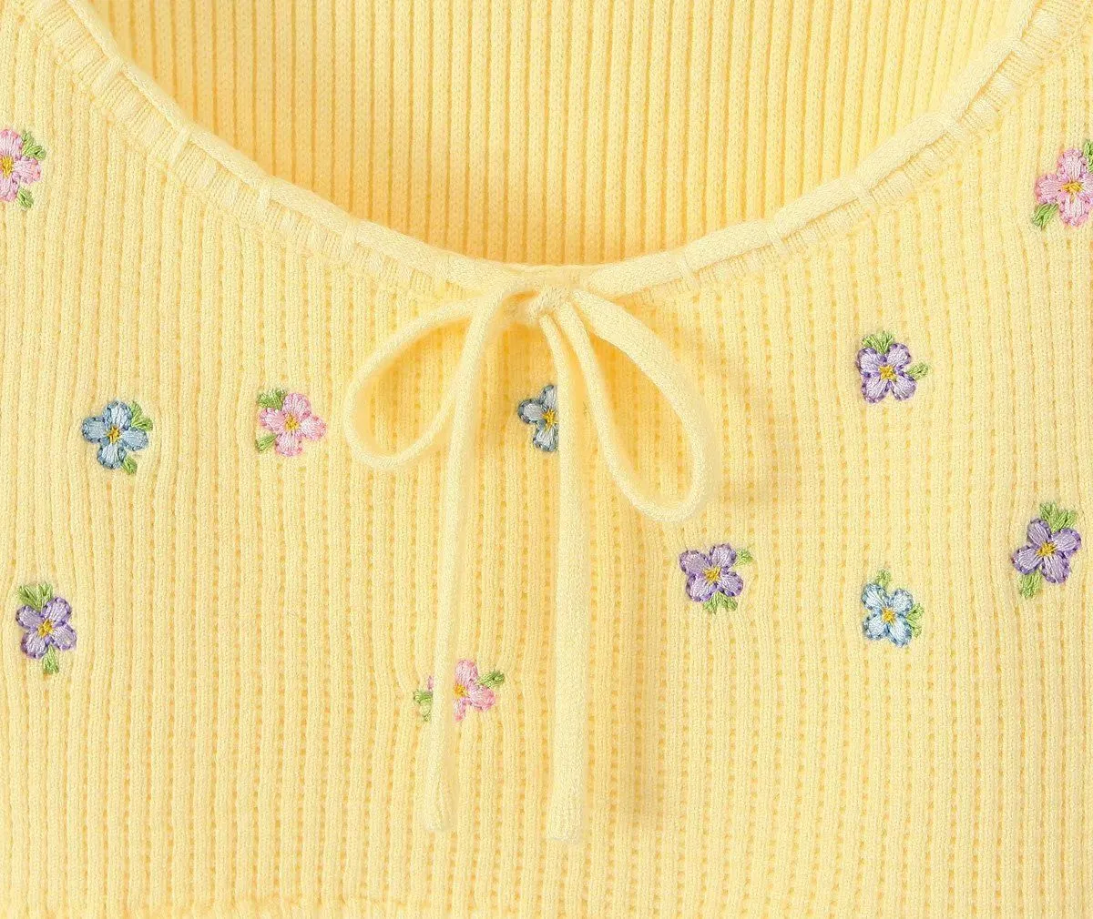 Floral Embroidery Sweet Waffle Knitted Cropped Home Sweater