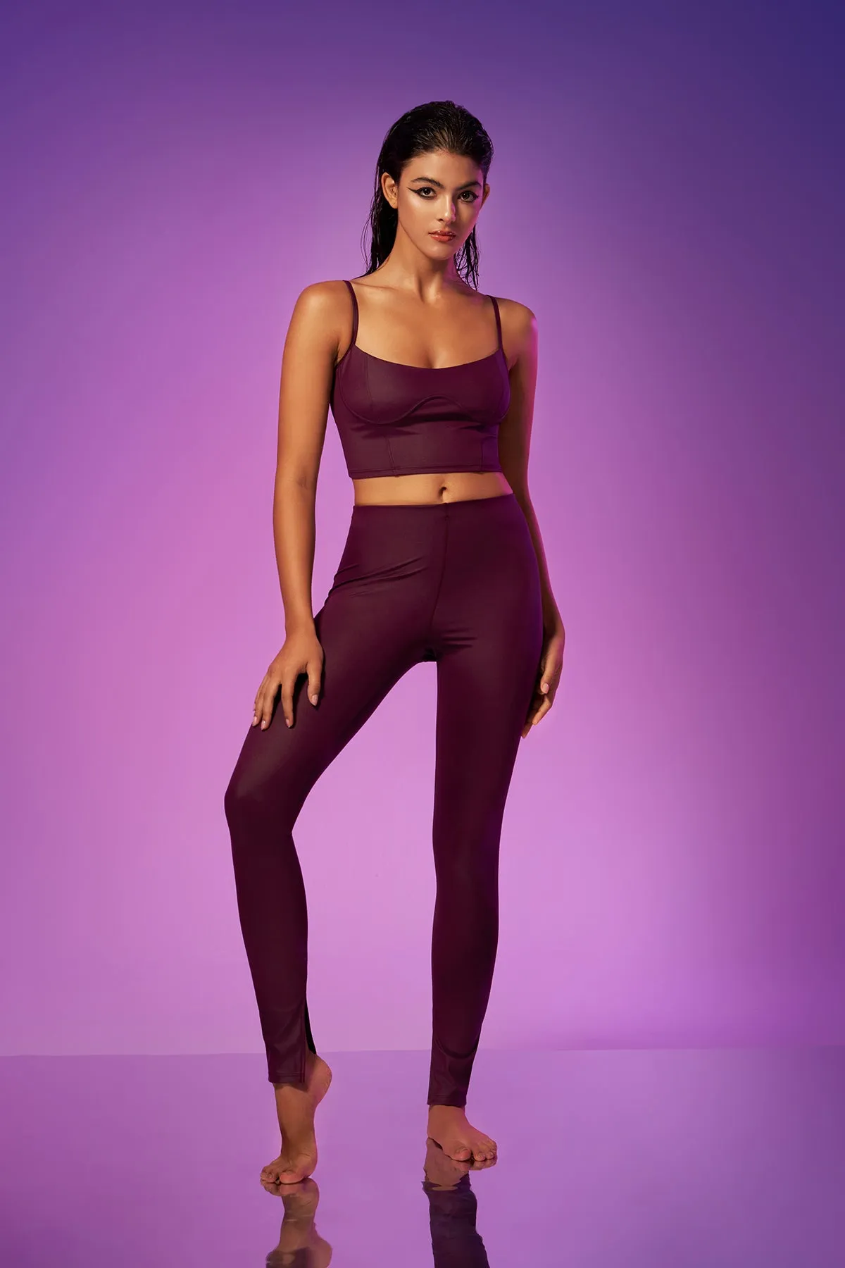 Glossy High-Waisted Slit Full-Length Leggings